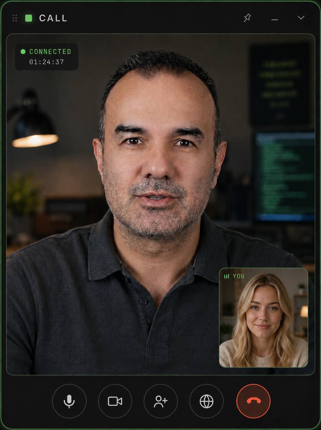 A consultant on a video call inside the workbench, with the caller in a small window